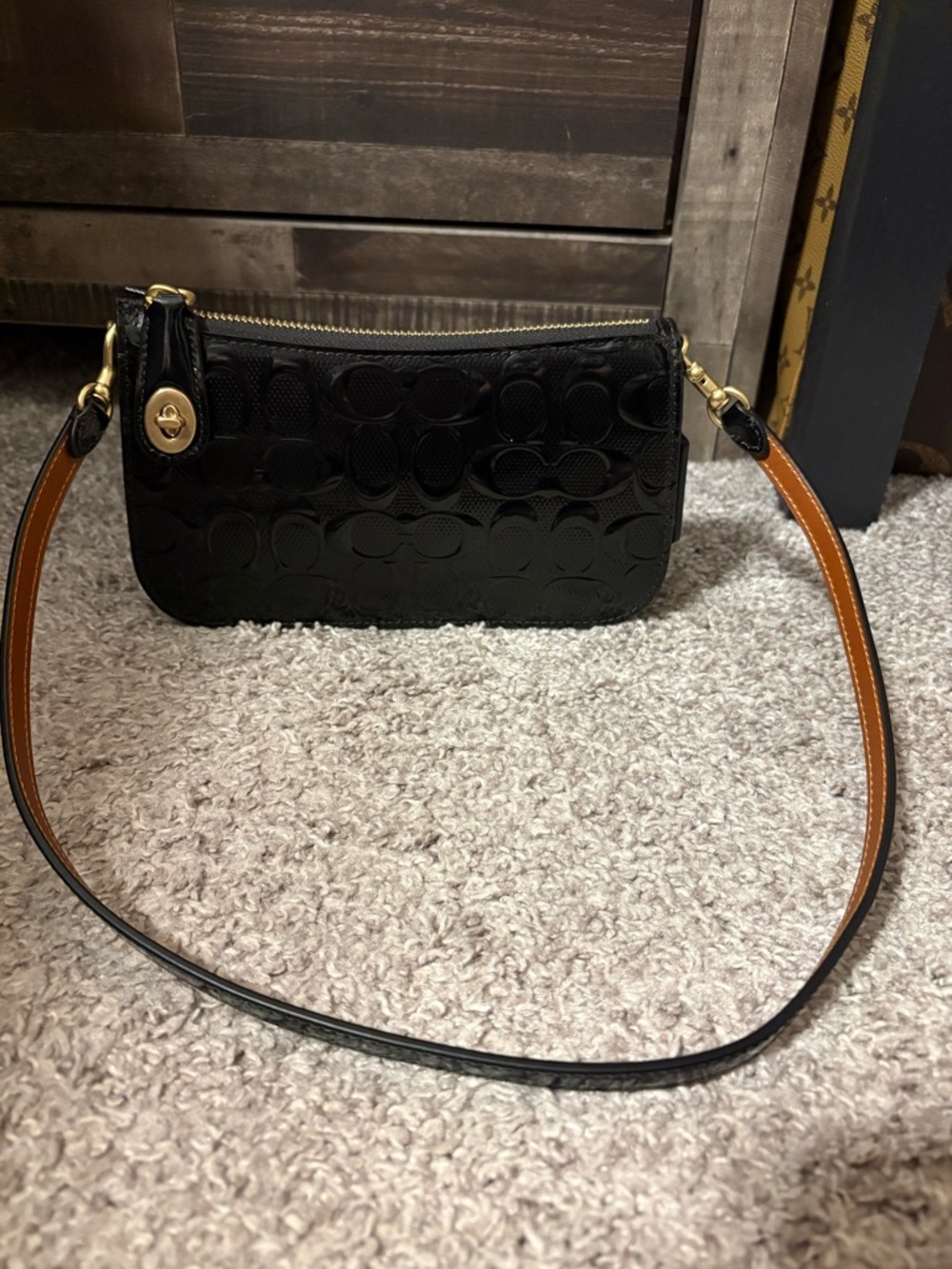 Coach Black Signature Patent Wristlet with strap